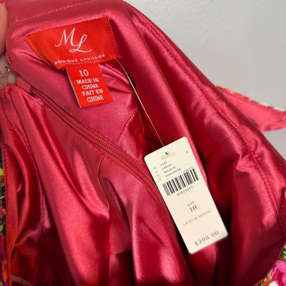 Monique Lhuillier Pink Floral Fit Flare Dress V Neck Size 10 Anthropologie FLAW - Picture 7 of 11